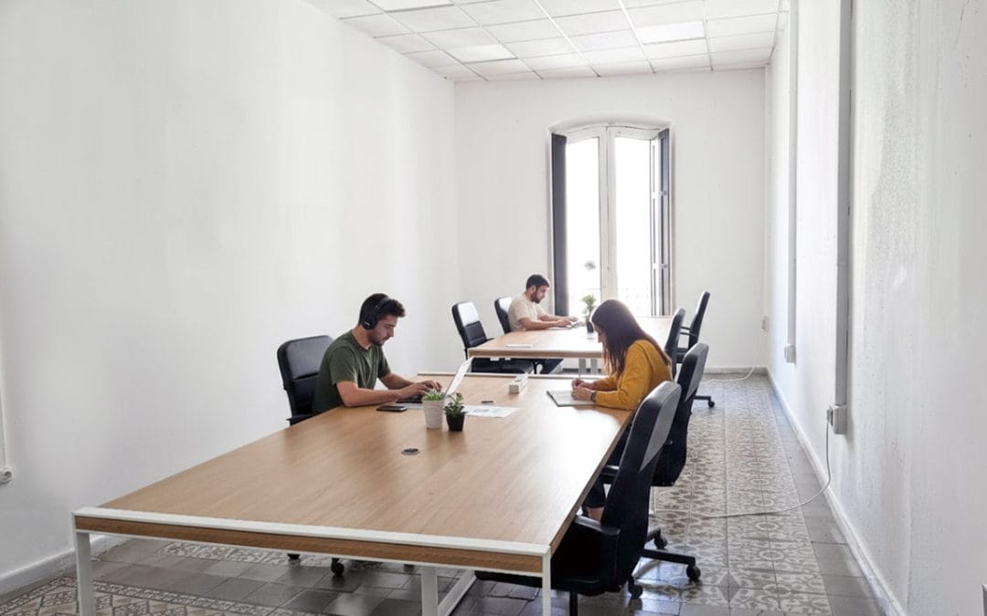 Personas trabajando concentradas en una mesa larga dentro de una sala de coworking silenciosa y luminosa.