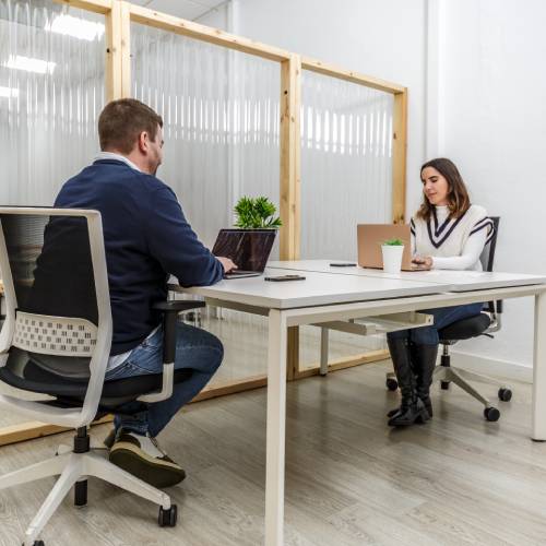 Dos personas teletrabajando con ordenadores portátiles en una zona de coworking semiprivada con muebles modernos, sillas ergonómicas y paneles divisores de madera que crean espacios de trabajo individuales