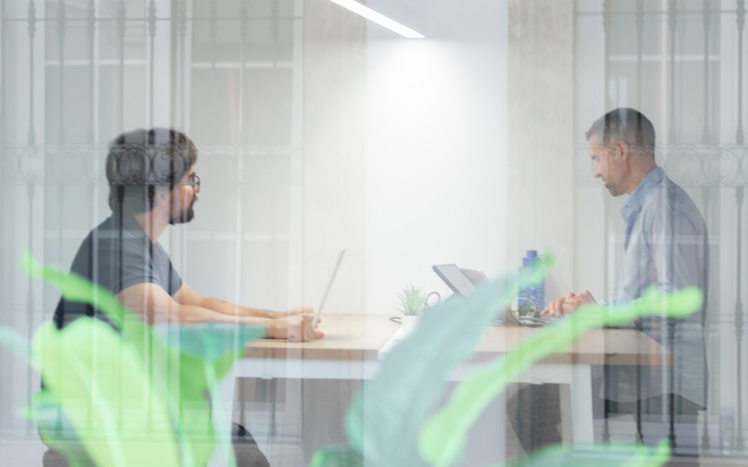 Dos profesionales trabajando frente a frente en una sala de reuniones de coworking en Almería.