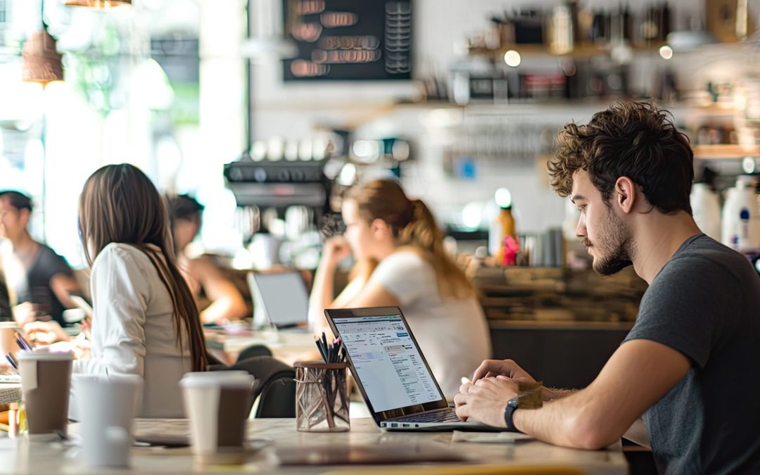 Profesional trabajando con un portátil en una cafetería