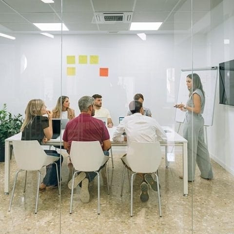 Salas de reunión en Almería por horas y bonos Reunión de equipo en sala acristalada de Workspace Coworking Almería